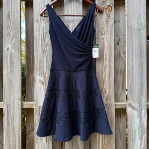 NWT Lauren Ralph Lauren Navy Formal Wedding Guest Prom Lace Ruched A-Line Dress